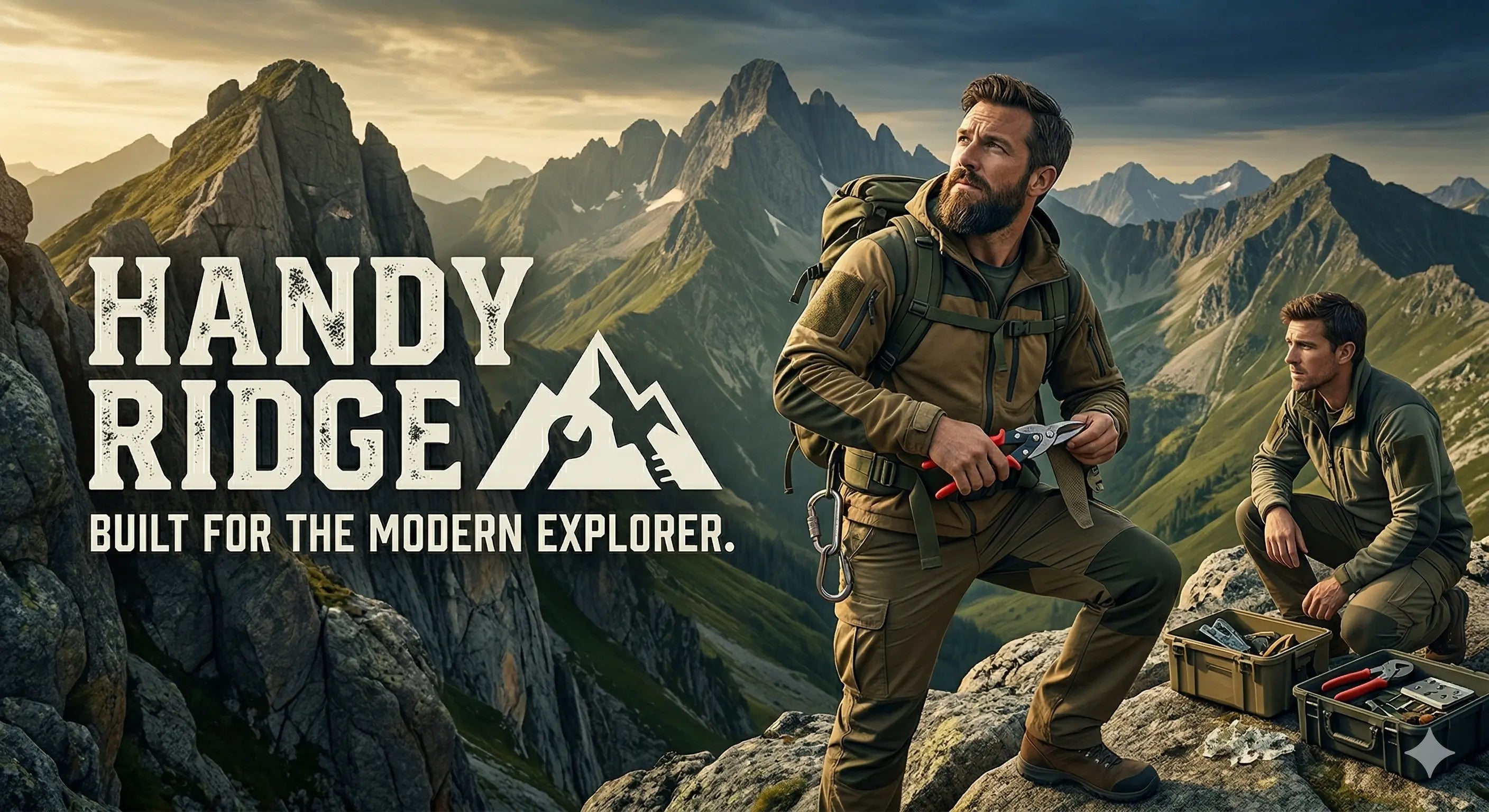 Two men with gear on a mountain peak, featuring the 'Handy Ridge' brand.